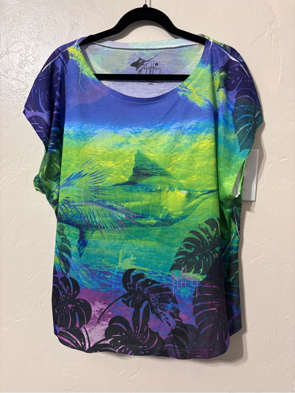 Guy Harvey Green Blue Purple Sailfish Tropical Print Women's Top